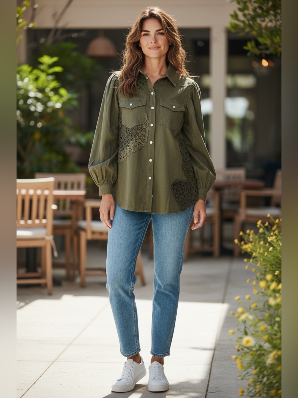 Pilcro Olive Green Crochet-Trim Shirt